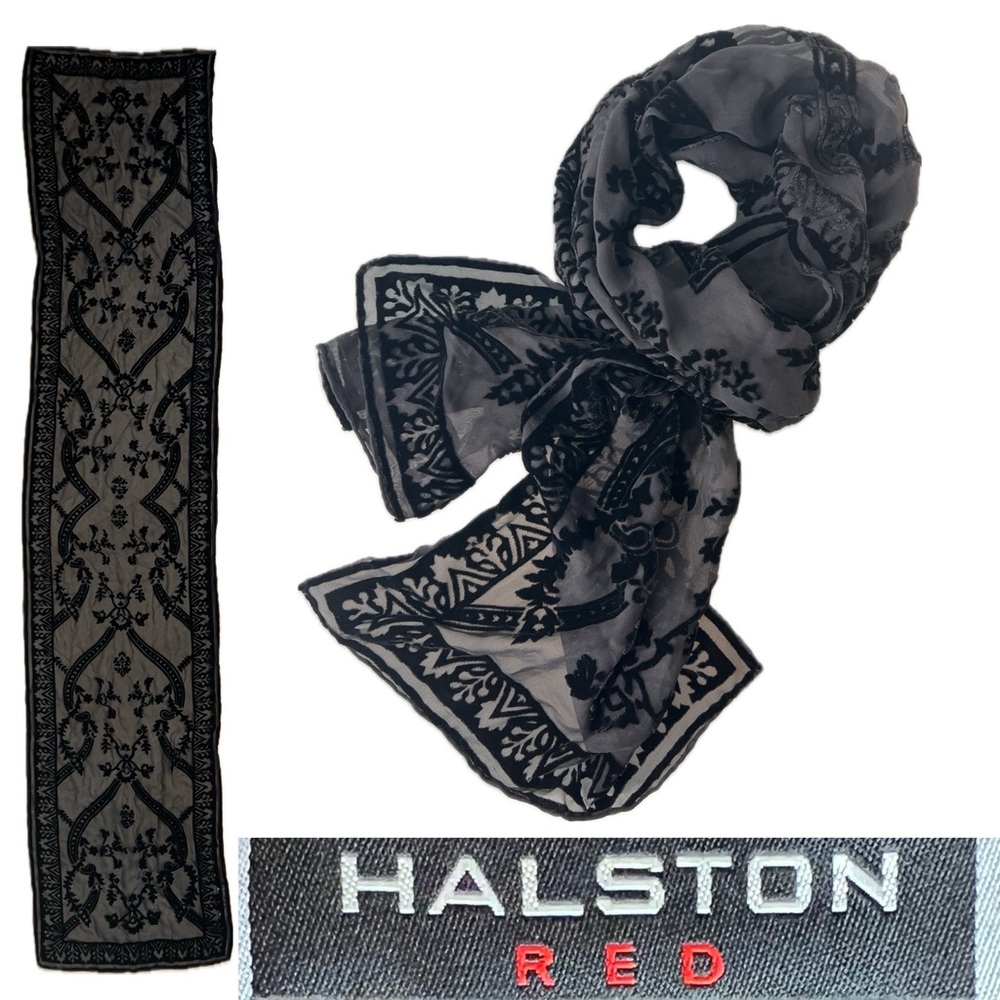 🏴Burnout Sheer Black Silk & Opaque Velvety Black Scarf/Wrap/Shawl | Halston Red